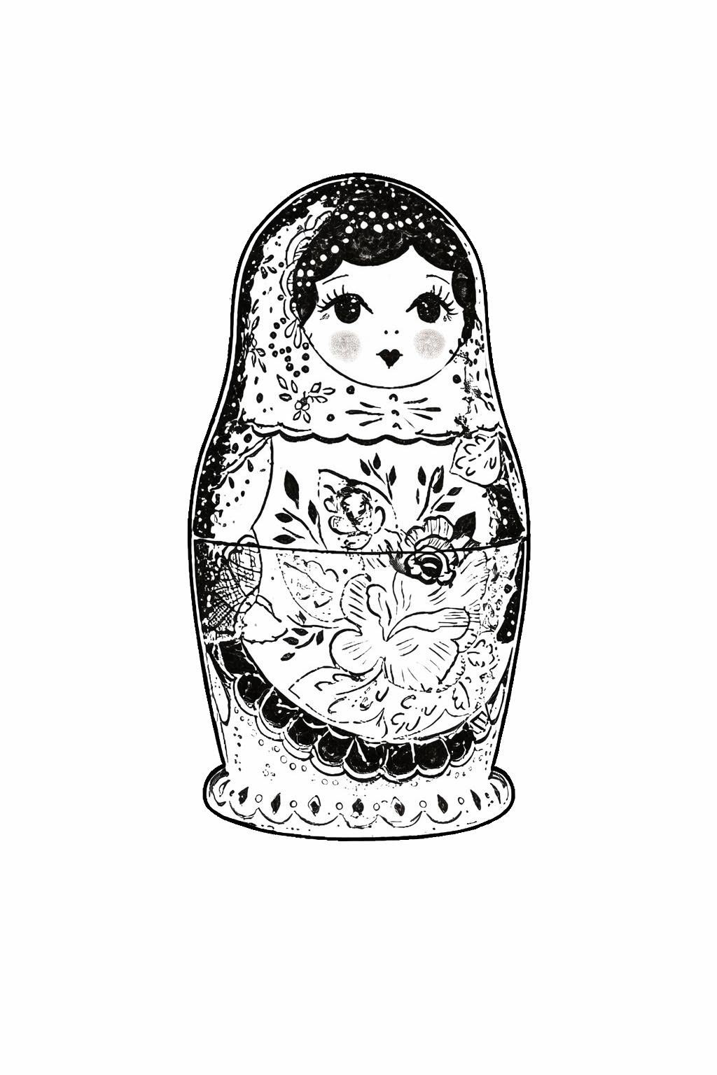 Nesting doll with black-and-white floral painting